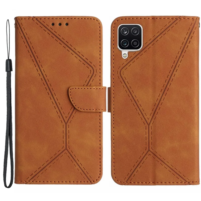 HT05 Per Samsung Galaxy A12 / M12 / F12 Imprinted Line Wallet Stand Skin-touch PU Leather Phone Case - Marrone