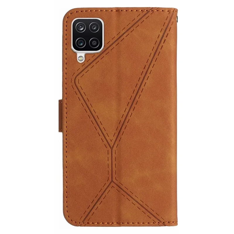 HT05 Per Samsung Galaxy A12 / M12 / F12 Imprinted Line Wallet Stand Skin-touch PU Leather Phone Case - Marrone