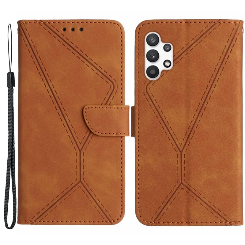 HT05 For Samsung Galaxy A13 4G Phone Leather Case Imprinted Line Wallet Stand Phone Cover - Brown