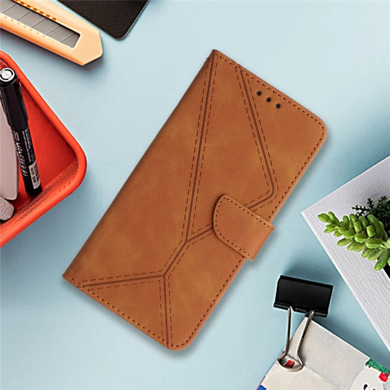 HT05 For Samsung Galaxy A13 4G Phone Leather Case Imprinted Line Wallet Stand Phone Cover - Brown