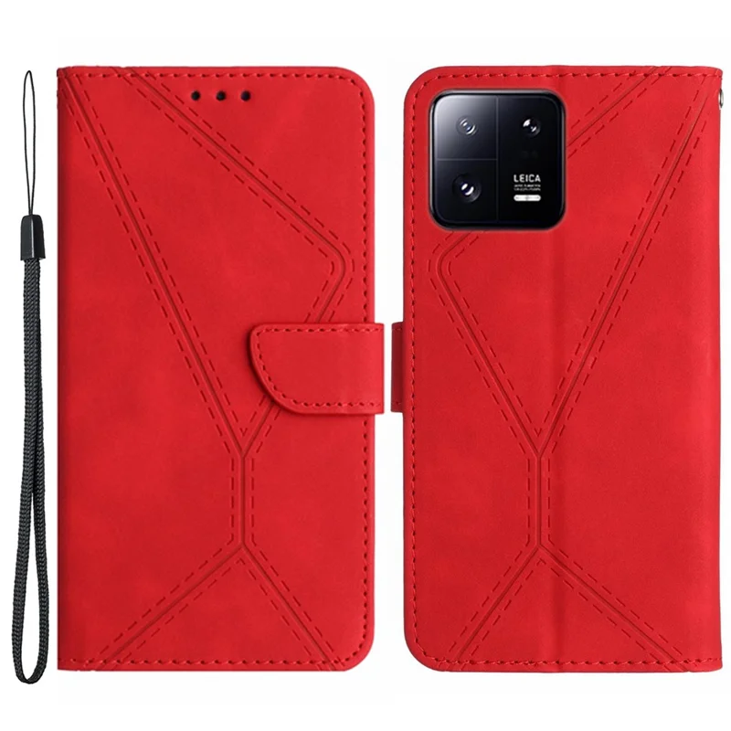 HT05 For Xiaomi 13 Imprinted Line Phone Cover Case Anti-Dust Wallet Stand Skin-touch Leather Shell - Red