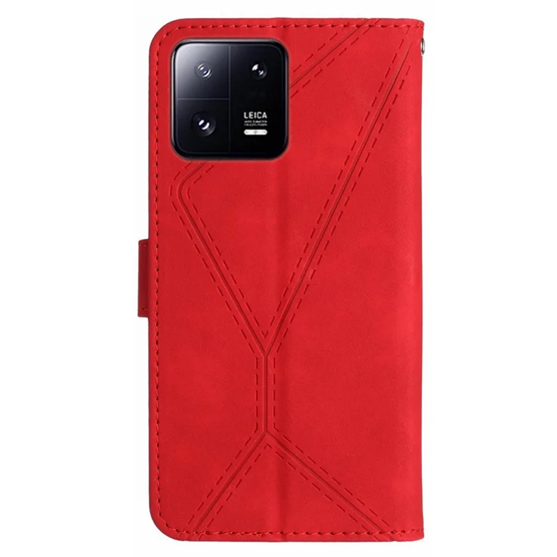 HT05 For Xiaomi 13 Imprinted Line Phone Cover Case Anti-Dust Wallet Stand Skin-touch Leather Shell - Red