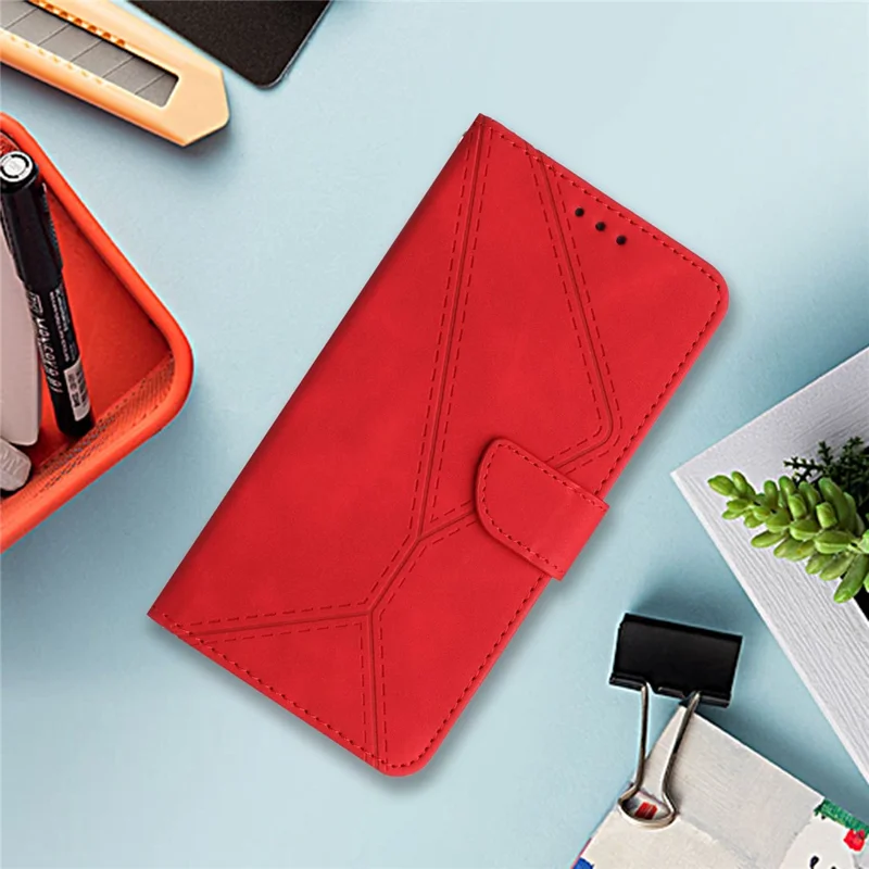 HT05 For Xiaomi 13 Imprinted Line Phone Cover Case Anti-Dust Wallet Stand Skin-touch Leather Shell - Red