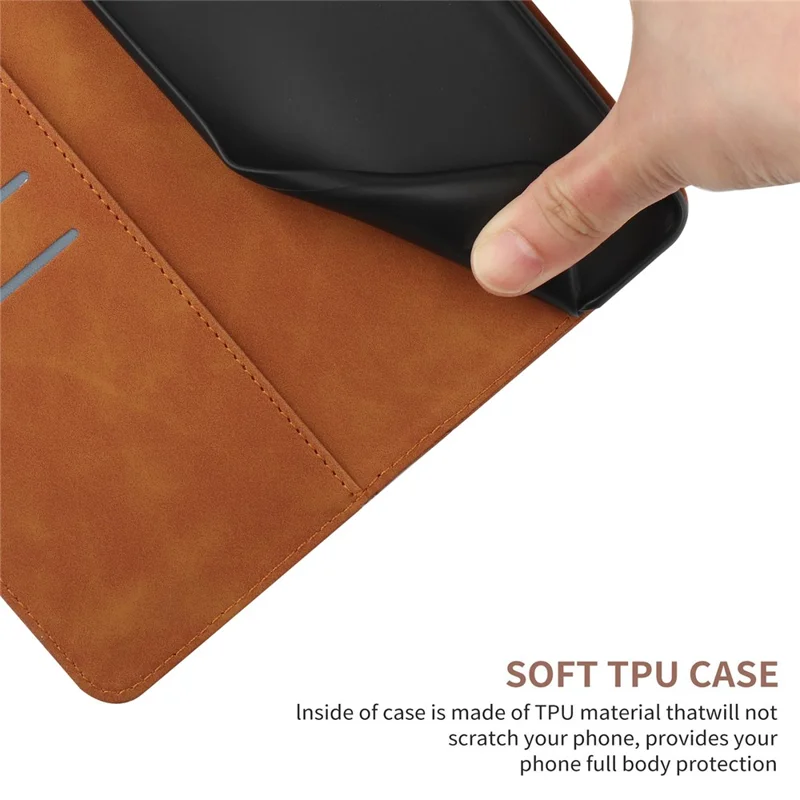 HT05 Leather Case for Xiaomi 12T 5G / 12T Pro 5G / Redmi K50 Ultra Wallet Stand Imprinted Line Phone Cover - Brown