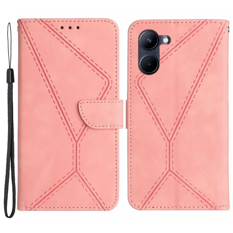 Étui pour téléphone HT05 pour Realme C33 4G / C33 2023 4G, en cuir PU, peau tactile, ligne imprimée, support portefeuille - Rose