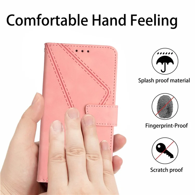 Étui pour téléphone HT05 pour Realme C33 4G / C33 2023 4G, en cuir PU, peau tactile, ligne imprimée, support portefeuille - Rose