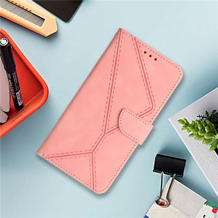 Étui pour téléphone HT05 pour Realme C33 4G / C33 2023 4G, en cuir PU, peau tactile, ligne imprimée, support portefeuille - Rose