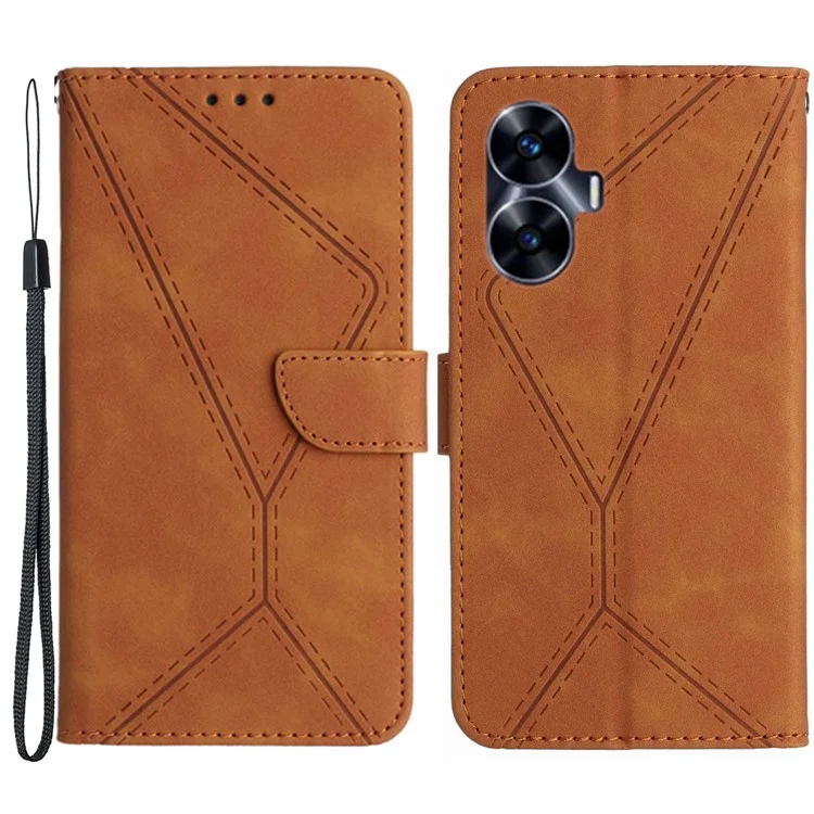 HT05 Custodia per Realme C55 Imprinted Line Wallet Stand Skin-touch Copertura in Pelle PU - Marrone