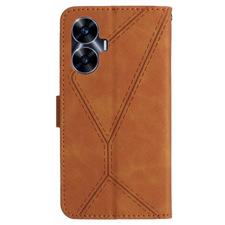 HT05 Custodia per Realme C55 Imprinted Line Wallet Stand Skin-touch Copertura in Pelle PU - Marrone