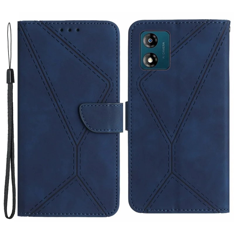 HT05 Para Motorola Moto E13 4G Funda de Piel de PU con Tapa Plegable Línea Estampada Piel Táctil Cartera Funda de Teléfono - Azul