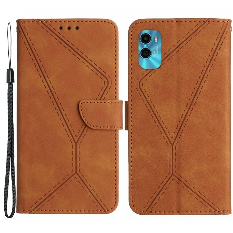 HT05 Pour Motorola Moto G22 / E22s 4G Étui de téléphone portefeuille en cuir PU avec toucher de peau Ligne imprimée Support - Brun