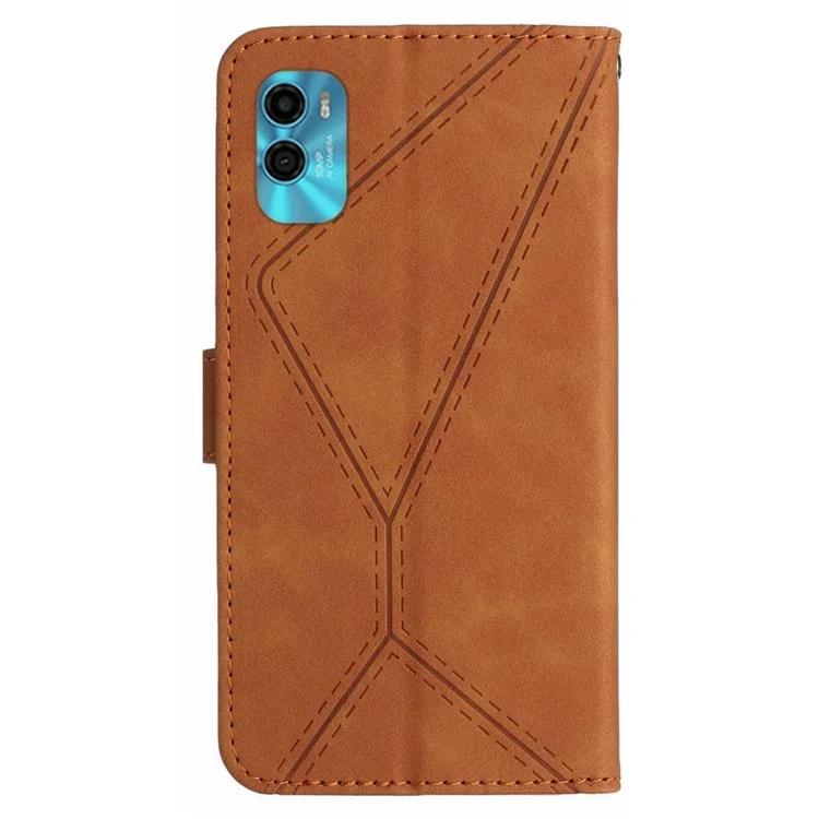 HT05 Pour Motorola Moto G22 / E22s 4G Étui de téléphone portefeuille en cuir PU avec toucher de peau Ligne imprimée Support - Brun