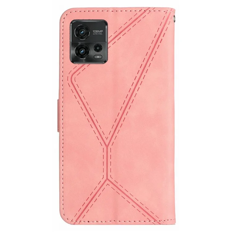 HT05 для Motorola Moto G72 4G Стойка Кожаный Бумажник Чехол Тиснёный Линией Кожа-касание Чехол для Телефона - Розовый