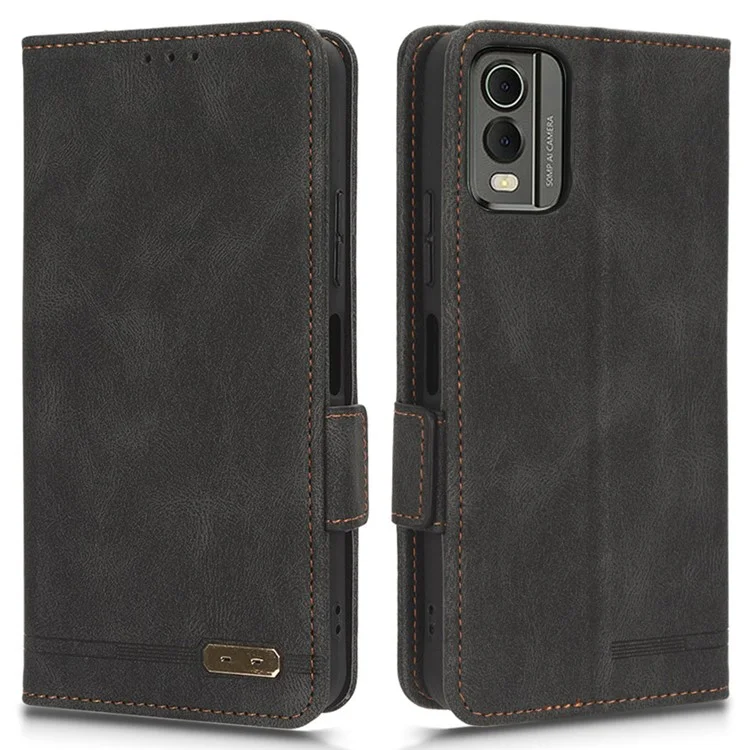 Protetor de Capa para Nokia C32 Caso do Telefone Hardware Decoração de Couro PU Carteira Stand Cover - Preto