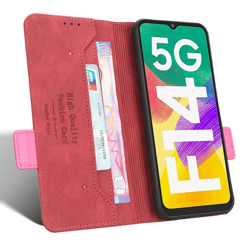 For Samsung Galaxy F14 5G Fall Proof Phone Case Hardware Decor PU Leather Wallet Stand Cover - Rose