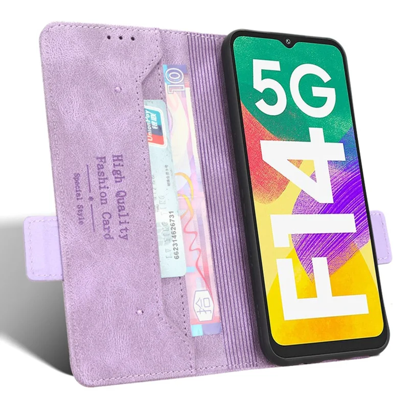 For Samsung Galaxy F14 5G Fall Proof Phone Case Hardware Decor PU Leather Wallet Stand Cover - Purple