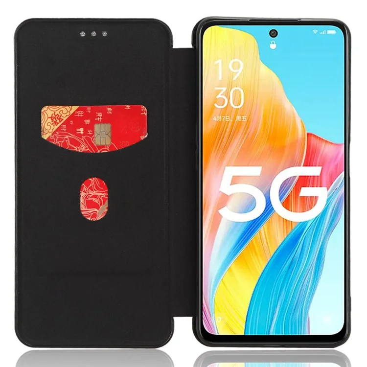 Stand Cover for Oppo A1 5G Carbon Fiber Texture Card Slot PU Leather Shockproof Phone Case - Black