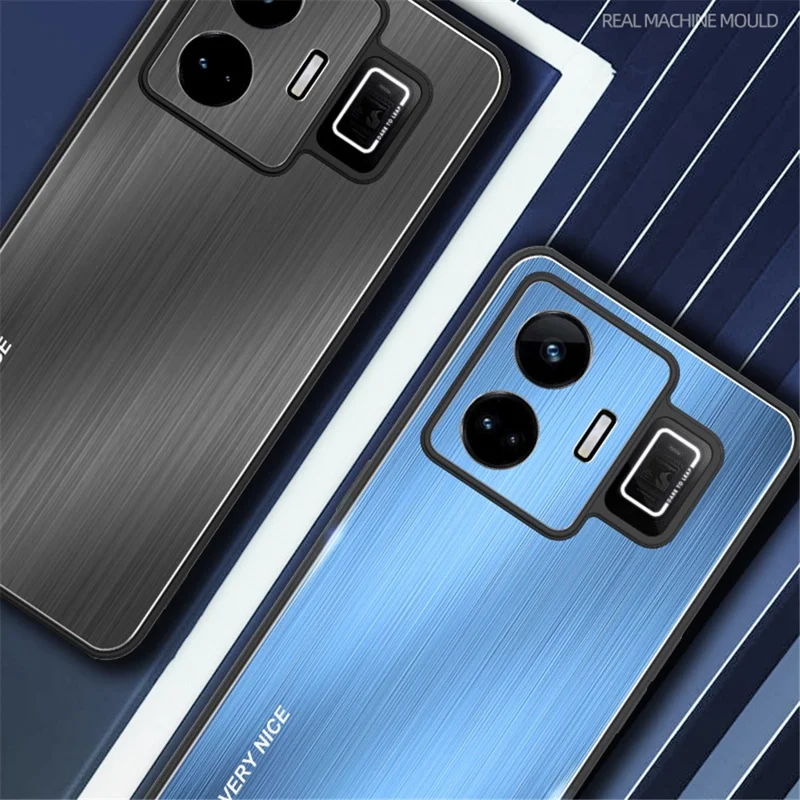 For Realme GT Neo 5 5G / GT3 5G Brushed Back Case Aluminium Alloy TPU Frame Hybrid Phone Cover - Black