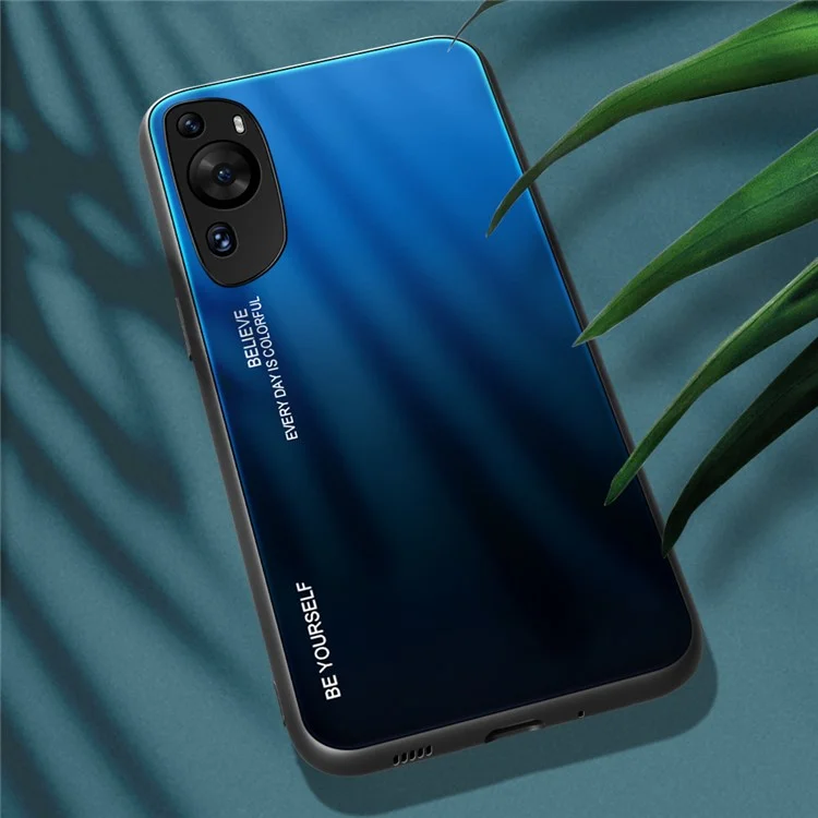 Para Huawei P60 Art Gradient Color Phone Case Anti-Scratch Tempered Glass + PC + TPU Hybrid Cover - Azul+Negro