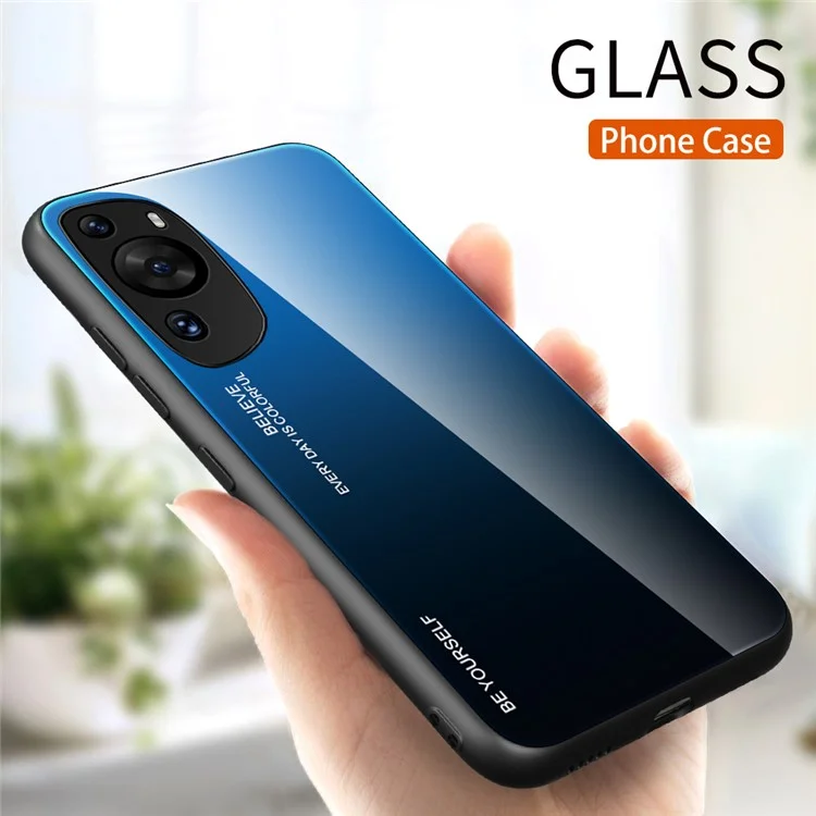 Para Huawei P60 Art Gradient Color Phone Case Anti-Scratch Tempered Glass + PC + TPU Hybrid Cover - Azul+Negro