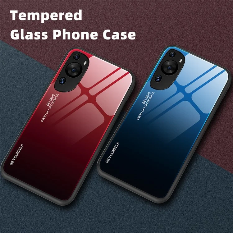Para Huawei P60 Art Gradient Color Phone Case Anti-Scratch Tempered Glass + PC + TPU Hybrid Cover - Azul+Negro