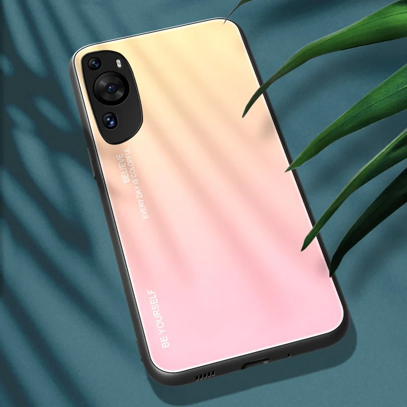 Para Huawei P60 Art Gradient Color Phone Case Anti-Scratch Tempered Glass + PC + TPU Hybrid Cover - Gold+Pink