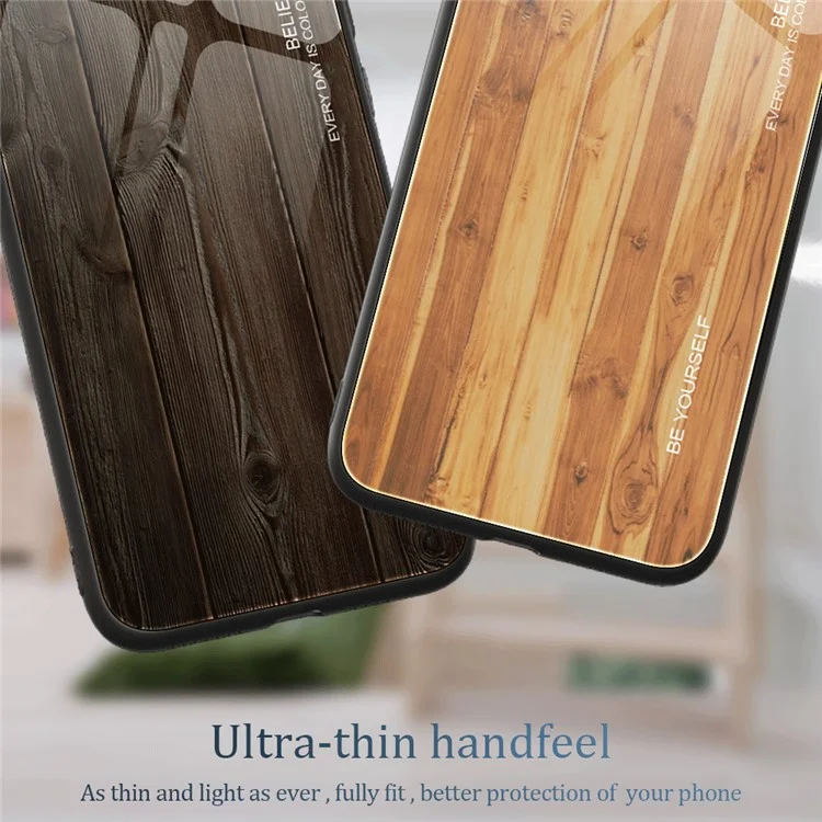 Pour Huawei P60 Art Wooden Pattern Phone Case Tempered Glass Back + TPU Frame Shockproof Cover - Black