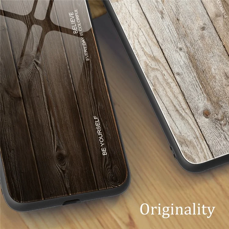 Pour Huawei P60 Art Wooden Pattern Phone Case Tempered Glass Back + TPU Frame Shockproof Cover - Black