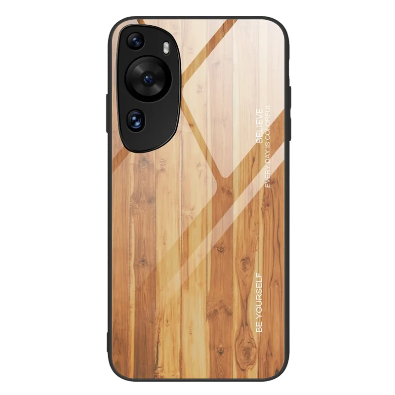 Pour Huawei P60 Art Wooden Pattern Phone Case Tempered Glass Back + TPU Frame Shockproof Cover - Brown