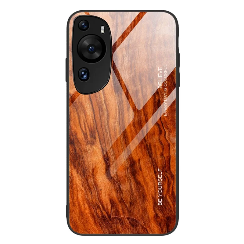 For Huawei P60 Art Wooden Pattern Phone Case Tempered Glass Back + TPU Frame Shockproof Cover - Orange