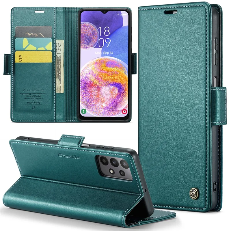 Funda de cuero para Samsung Galaxy A23 4G / A23 5G (Global) CASEME 023 con bloqueo RFID, 3 ranuras para tarjetas, tapa para móvil - Verde