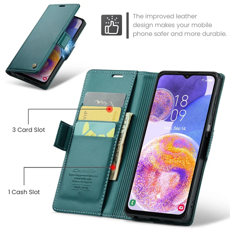 Funda de cuero para Samsung Galaxy A23 4G / A23 5G (Global) CASEME 023 con bloqueo RFID, 3 ranuras para tarjetas, tapa para móvil - Verde
