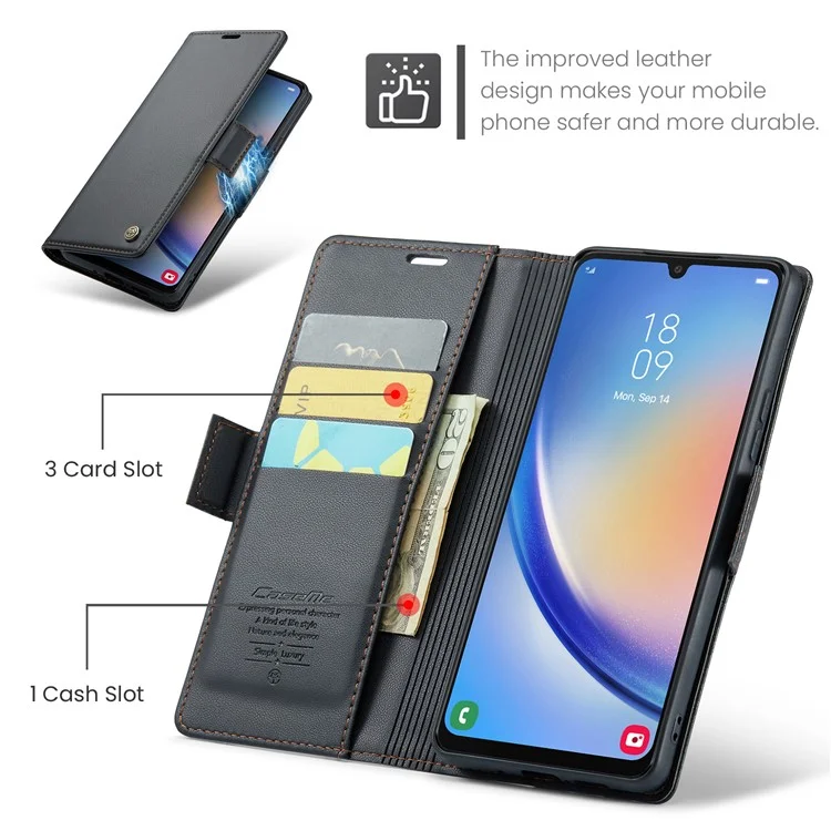 CASEME 023 Serie para Samsung Galaxy A34 5G Funda con Cartera y Soporte Textura de Piel de Cordero Cuero PU Bloqueo RFID Funda Protectora de Teléfono - Negro