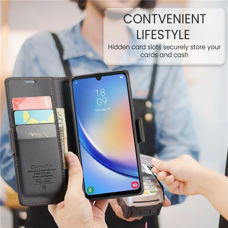 CASEME 023 Serie para Samsung Galaxy A34 5G Funda con Cartera y Soporte Textura de Piel de Cordero Cuero PU Bloqueo RFID Funda Protectora de Teléfono - Negro