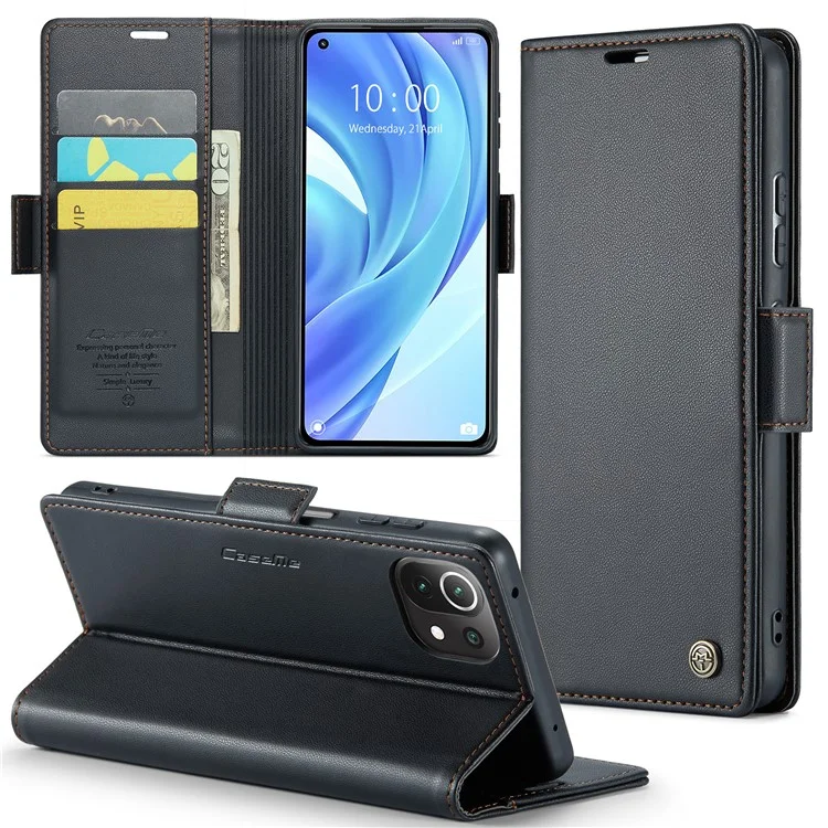 For Xiaomi Mi 11 Lite 4G / 5G / 11 Lite 5G NE Leather Case CASEME 023 RFID Blocking 3 Card Slot Mobile Cover - Black