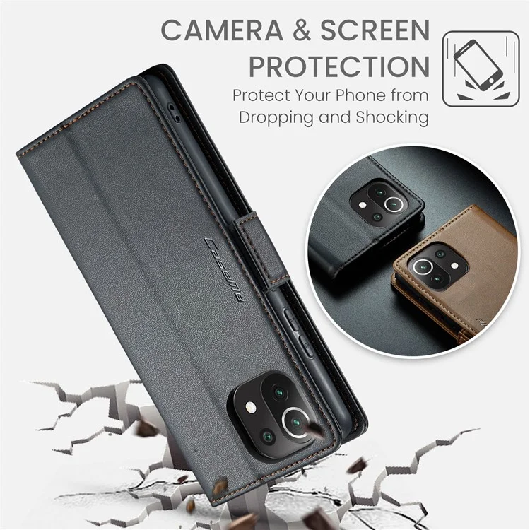For Xiaomi Mi 11 Lite 4G / 5G / 11 Lite 5G NE Leather Case CASEME 023 RFID Blocking 3 Card Slot Mobile Cover - Black
