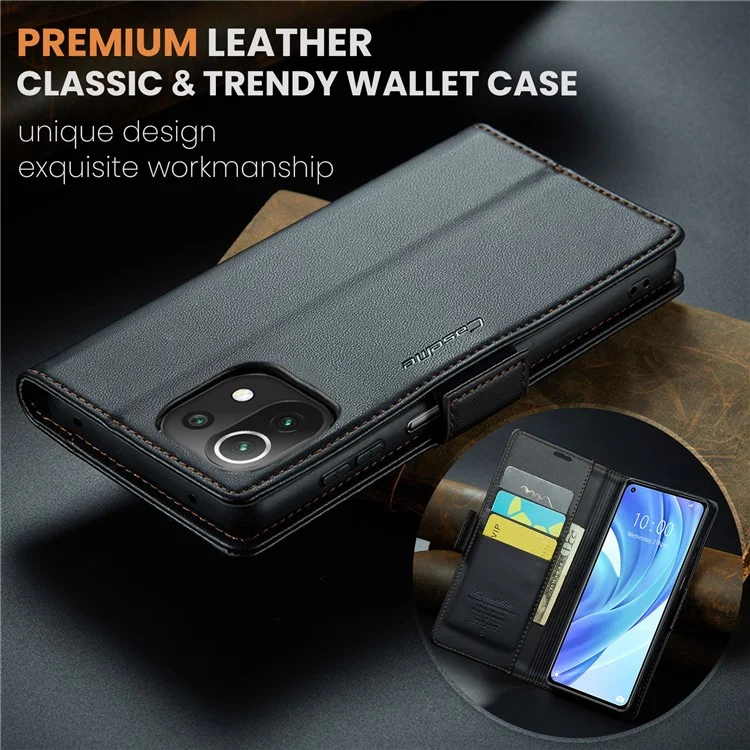 For Xiaomi Mi 11 Lite 4G / 5G / 11 Lite 5G NE Leather Case CASEME 023 RFID Blocking 3 Card Slot Mobile Cover - Black