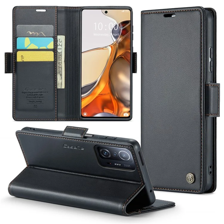 CASEME 023 Серия RFID Блокирующий Флип-Кейс для Xiaomi 11T 5G / 11T Pro 5G, Кожа PU с текстурой Litchi, Бумажник Стенд Чехол для Телефона - Черный