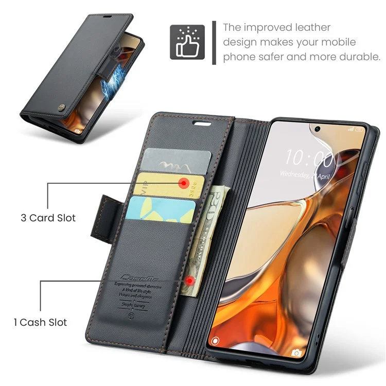 CASEME 023 Серия RFID Блокирующий Флип-Кейс для Xiaomi 11T 5G / 11T Pro 5G, Кожа PU с текстурой Litchi, Бумажник Стенд Чехол для Телефона - Черный