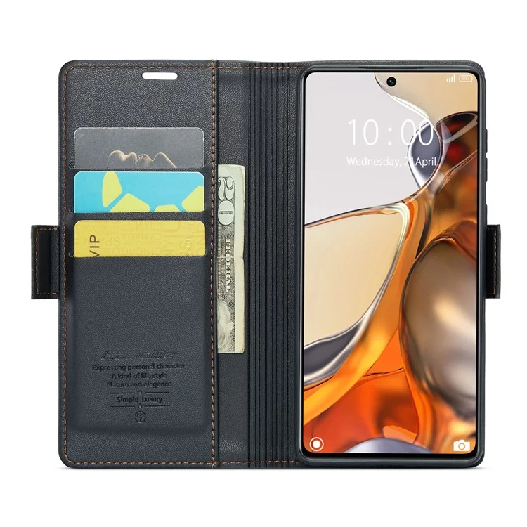 CASEME 023 Серия RFID Блокирующий Флип-Кейс для Xiaomi 11T 5G / 11T Pro 5G, Кожа PU с текстурой Litchi, Бумажник Стенд Чехол для Телефона - Черный