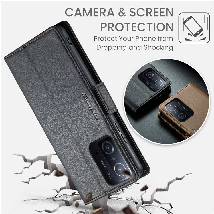 CASEME 023 Серия RFID Блокирующий Флип-Кейс для Xiaomi 11T 5G / 11T Pro 5G, Кожа PU с текстурой Litchi, Бумажник Стенд Чехол для Телефона - Черный