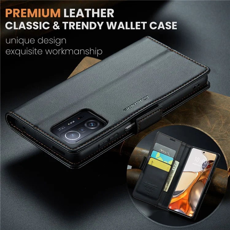 CASEME 023 Series RFID Blocking Flip Case for Xiaomi 11T 5G / 11T Pro 5G , PU Leather Litchi Texture Wallet Stand Phone Cover - Black