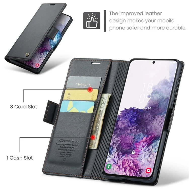 CASEME 023 Series Para Samsung Galaxy S20 4G / 5G Caso de Couro PU RFID Blocking Litchi Texture Stand Wallet Phone Cover - Preto