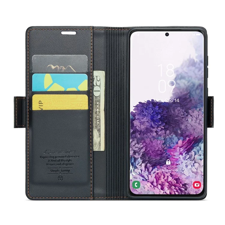 CASEME 023 Series Para Samsung Galaxy S20 4G / 5G Caso de Couro PU RFID Blocking Litchi Texture Stand Wallet Phone Cover - Preto