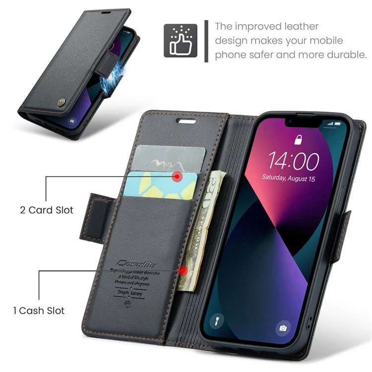 CASEME 023 Serie para iPhone 13 mini de 5,4 pulgadas Funda de cuero con bloqueo RFID Textura de litchi Flip Stand Wallet Funda de teléfono - Negro