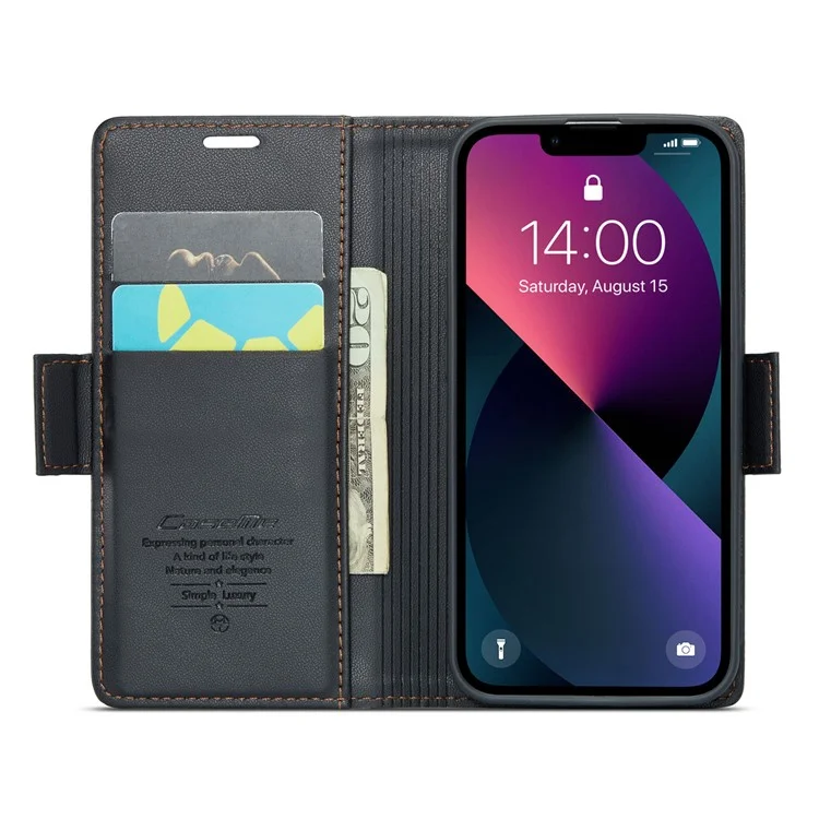 CASEME 023 Serie para iPhone 13 mini de 5,4 pulgadas Funda de cuero con bloqueo RFID Textura de litchi Flip Stand Wallet Funda de teléfono - Negro