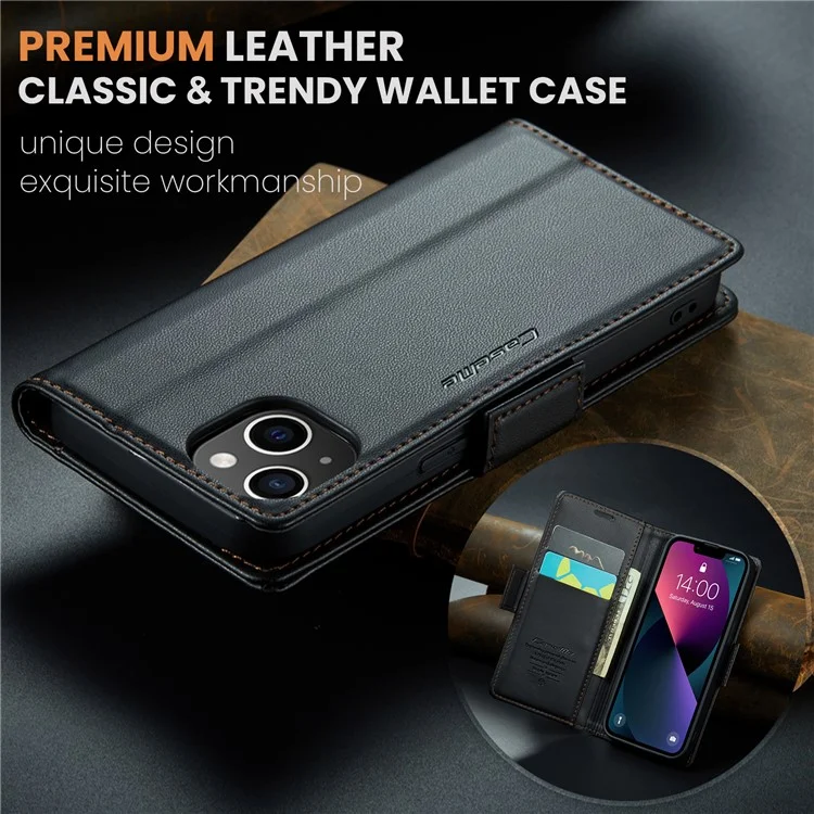 CASEME 023 Serie para iPhone 13 mini de 5,4 pulgadas Funda de cuero con bloqueo RFID Textura de litchi Flip Stand Wallet Funda de teléfono - Negro