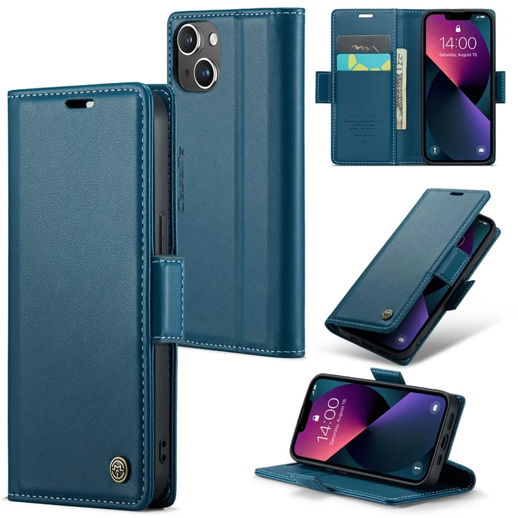 CASEME 023 Série Pour iPhone 13 mini 5.4 pouces Étui en Cuir Blocage RFID Texture Litchi Rabat Support Portefeuille Housse de Téléphone - Bleu