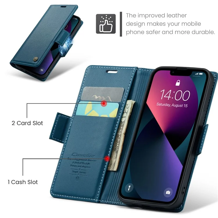 CASEME 023 Série Pour iPhone 13 mini 5.4 pouces Étui en Cuir Blocage RFID Texture Litchi Rabat Support Portefeuille Housse de Téléphone - Bleu