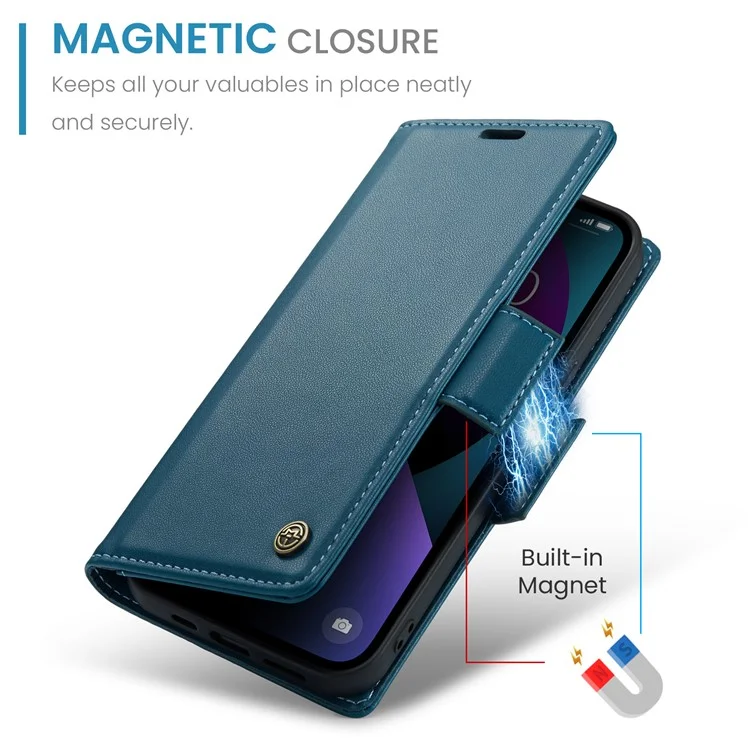 CASEME 023 Série Pour iPhone 13 mini 5.4 pouces Étui en Cuir Blocage RFID Texture Litchi Rabat Support Portefeuille Housse de Téléphone - Bleu